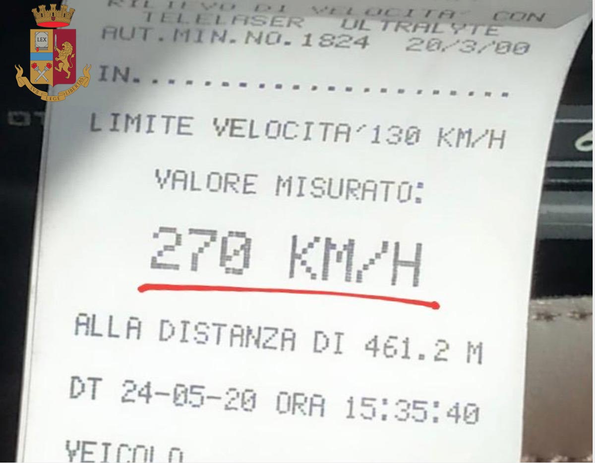 Questura polizia di Verona - Stradale - Eccesso di velocità A4 a 270