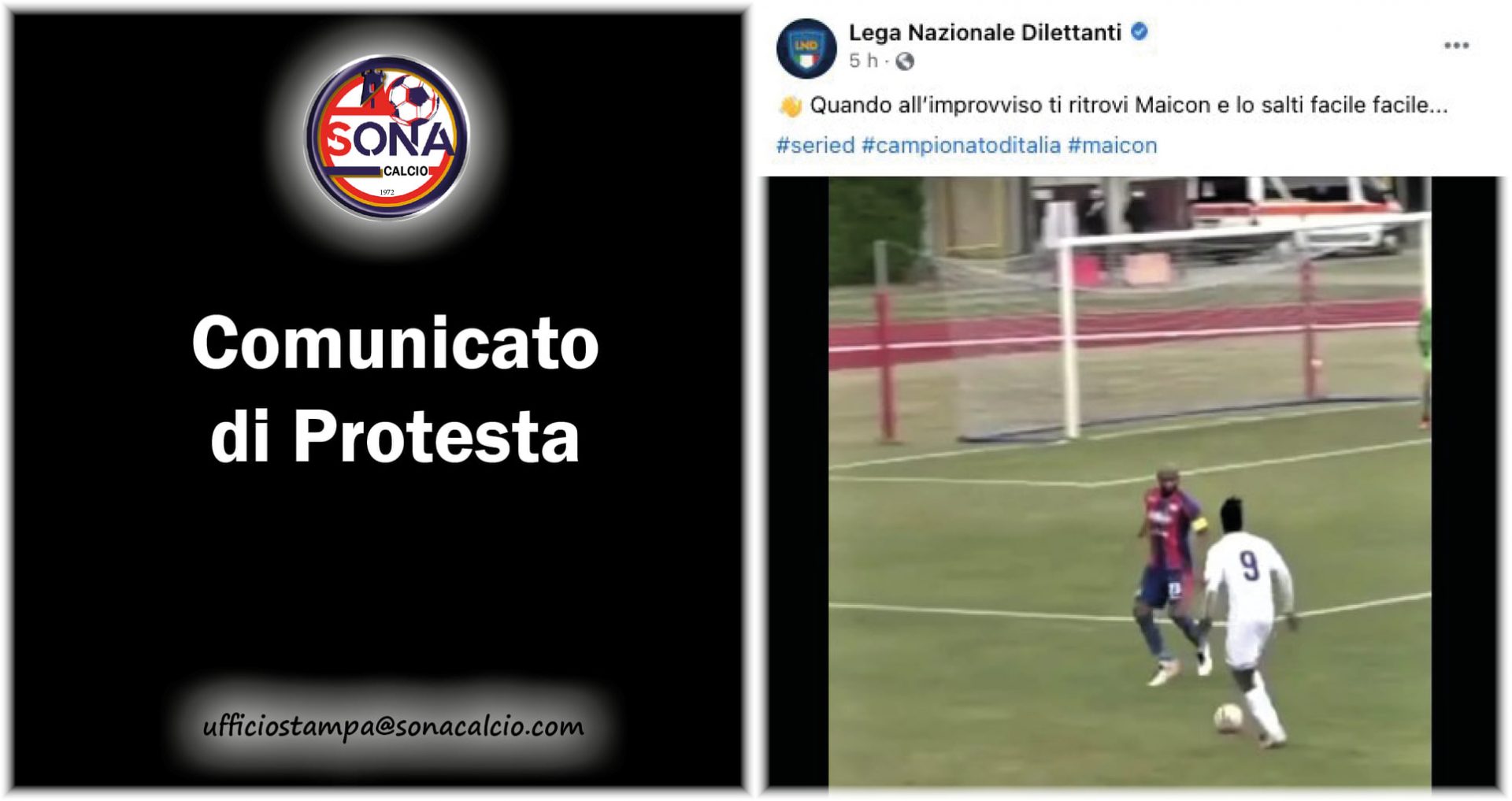 Post Facebook del Sona Calcio contro il video pubblicato dalla Lnd su Maicon