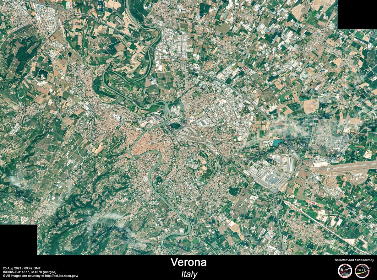 Verona dallo spazio. Immagine Nasa scattata dall'astronauta Esa Thomas Pesquet e rielaborata da Riccardo Rossi
