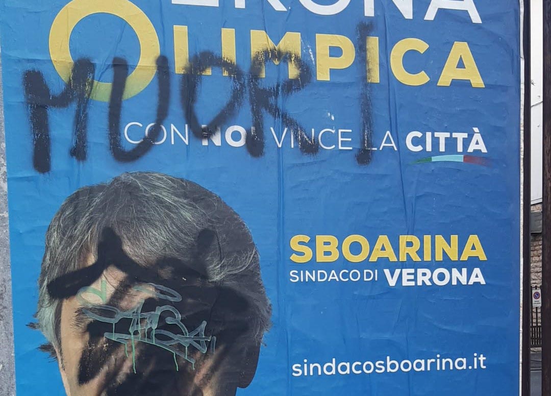 Manifesto vandalizzato Sboarina Verona Olimpica