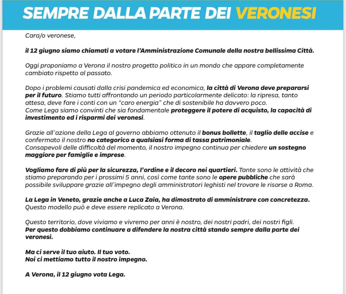 lettera al Capofamiglia Lega