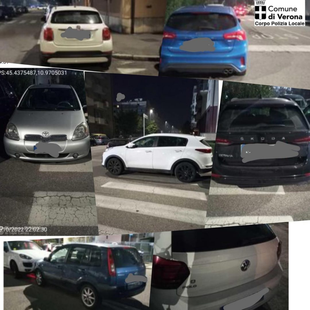 sosta selvaggia zona stadio durante Hellas-Milan. 16 ottobre 2022. Foto Polizia Locale di Verona parcheggio selvaggio