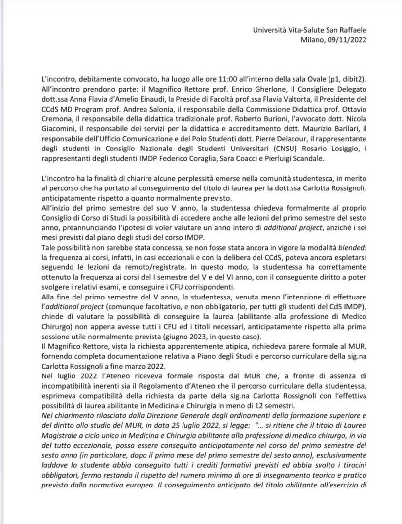 Il comunicato dei rappresentanti degli studenti dell'Università Vita-Salute San Raffaele (parte 1)