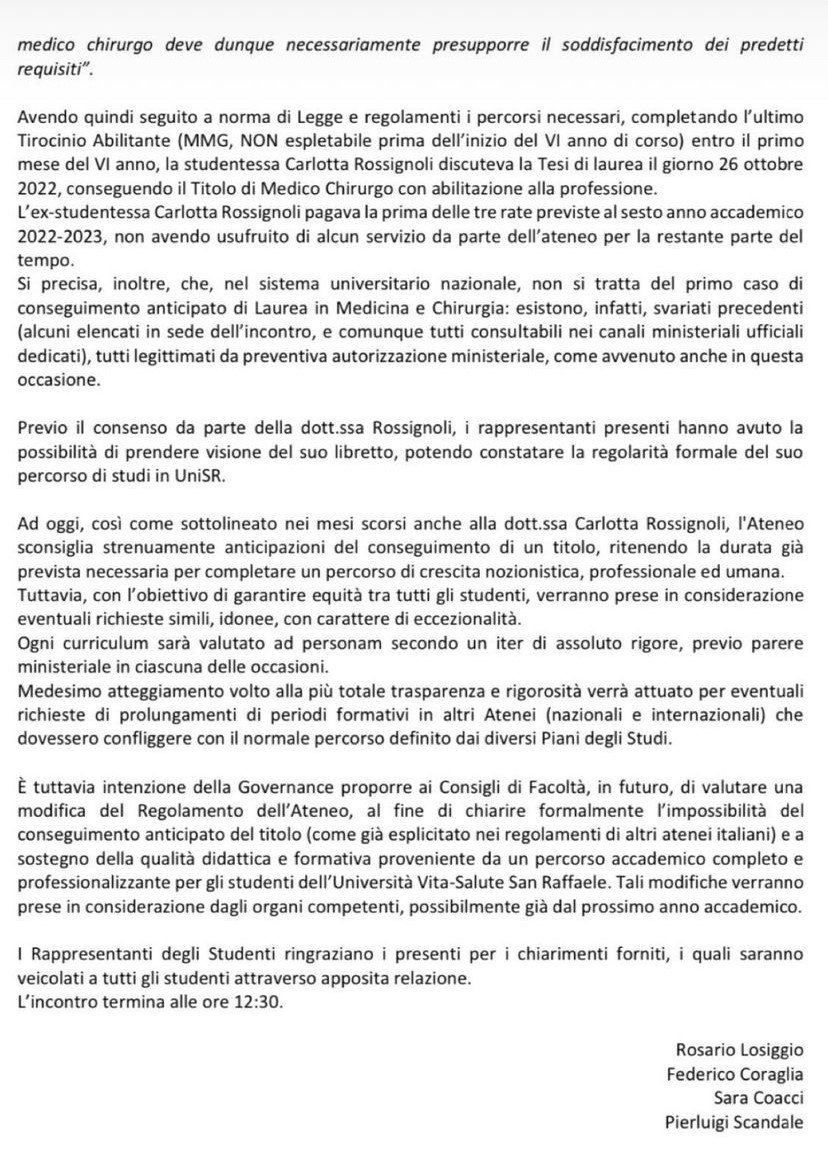 Il comunicato dei rappresentanti degli studenti dell'Università Vita-Salute San Raffaele (parte 2)