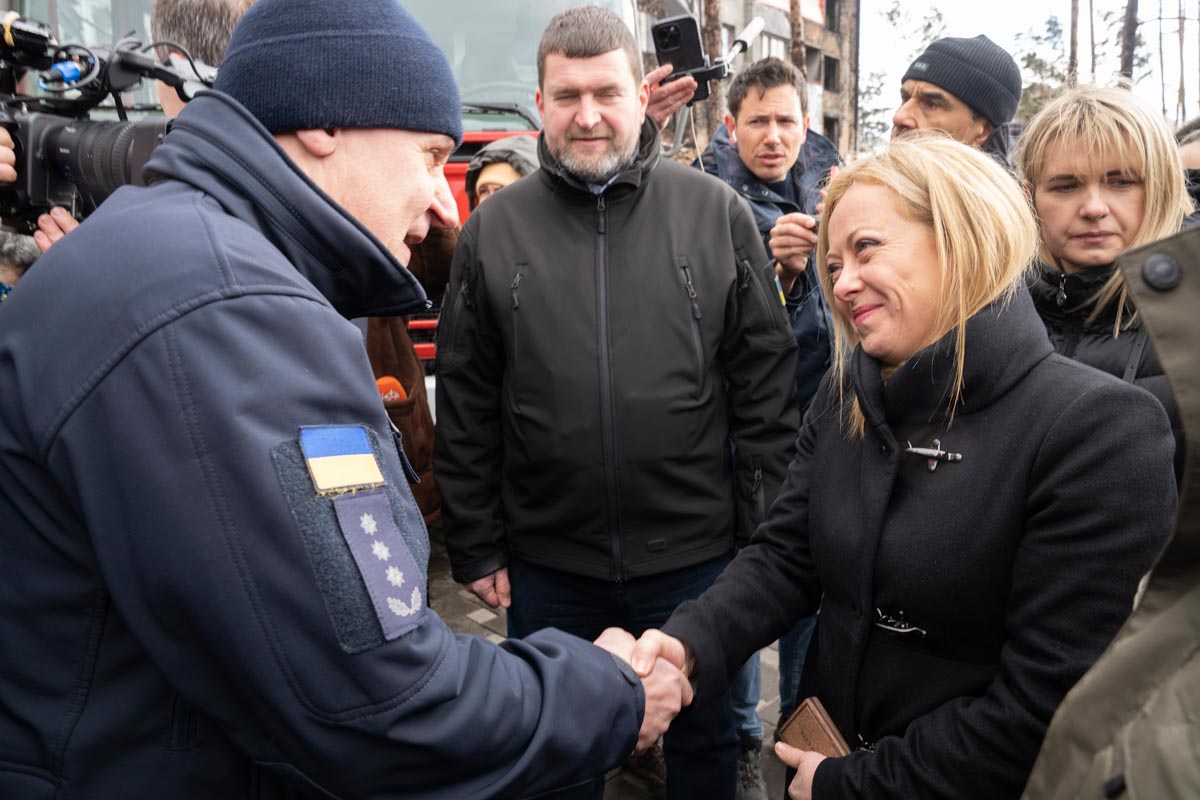La presidente Giorgia Meloni a Irpin (Ucraina)