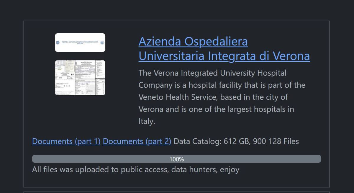 L'annuncio con i dati dell'Azienda Ospedaliera Universitaria di Verona sul sito di Rhysida nel dark web