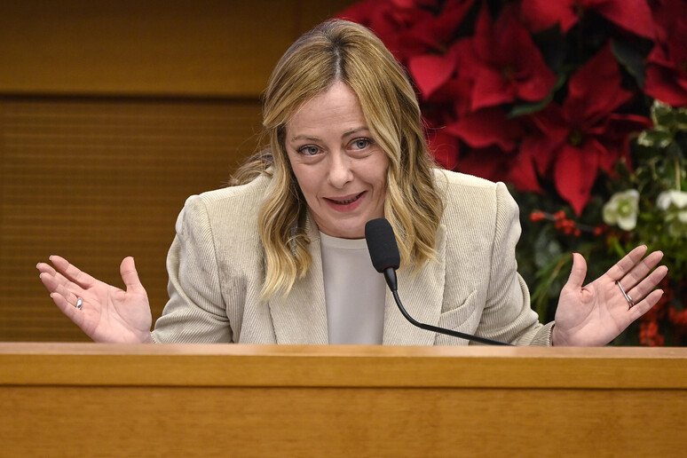 La Premier Giorgia Meloni oggi in conferenza stampa.