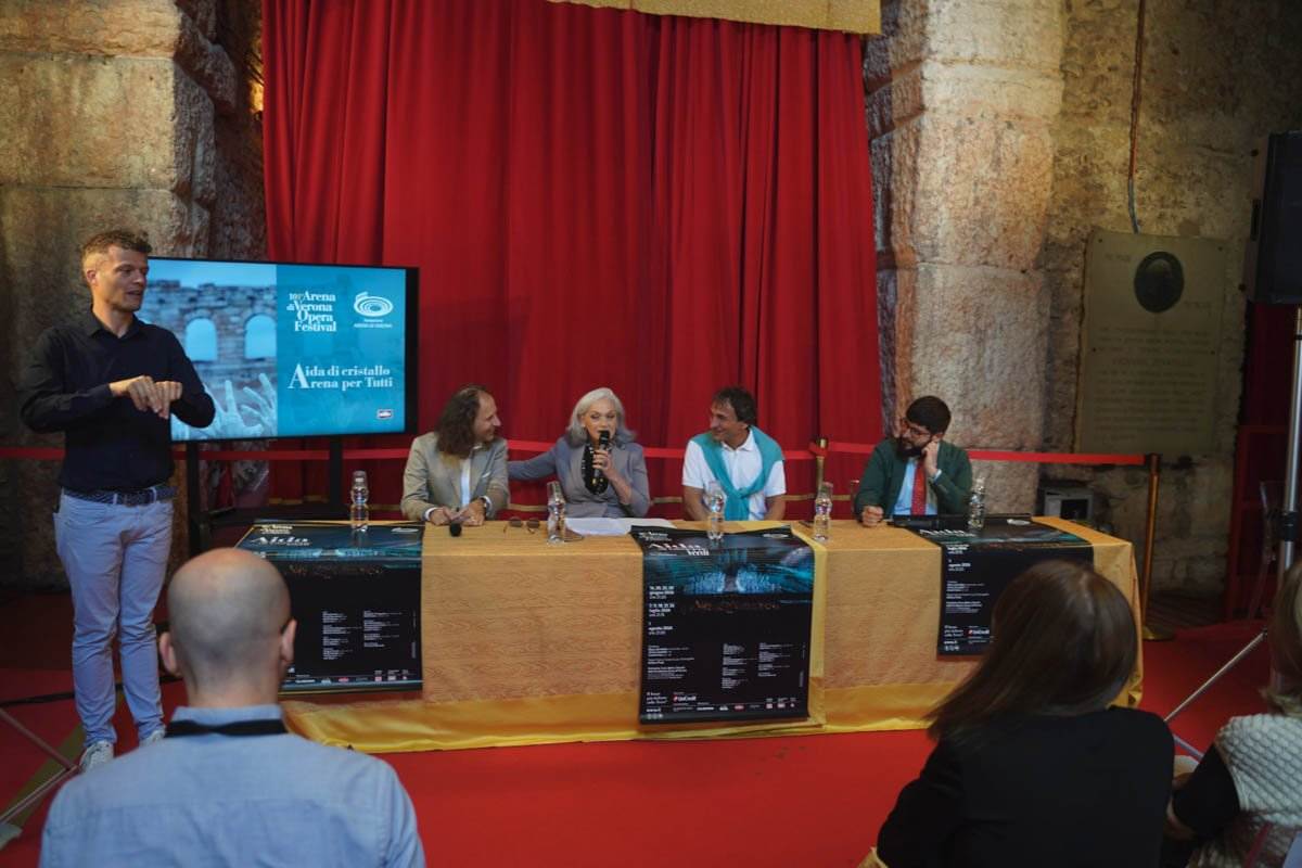 Presentazione Aida "di cristallo" 2024. Da sinistra Stefano Poda, Cecilia Gasdia, Marco Armiliato, Pietro Trincanato