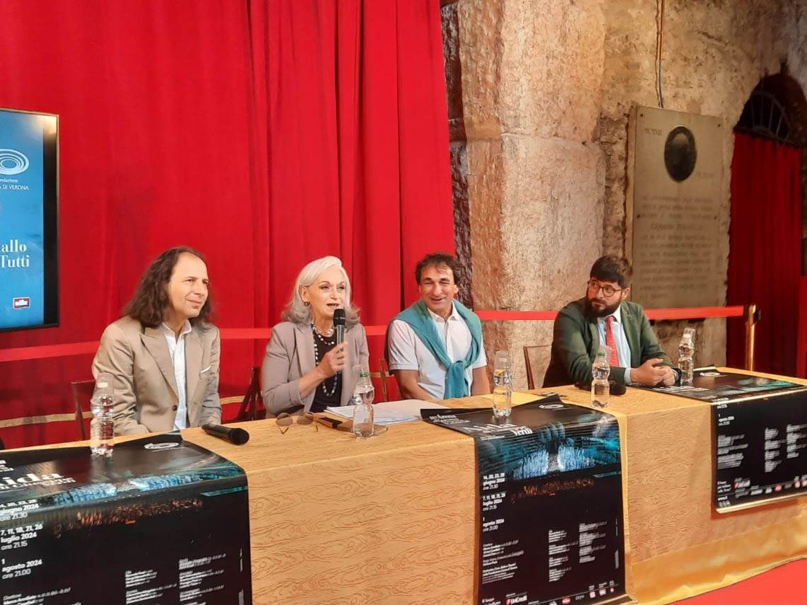Presentazione Aida "di cristallo" 2024. Da sinistra Stefano Poda, Cecilia Gasdia, Marco Armiliato, Pietro Trincanato