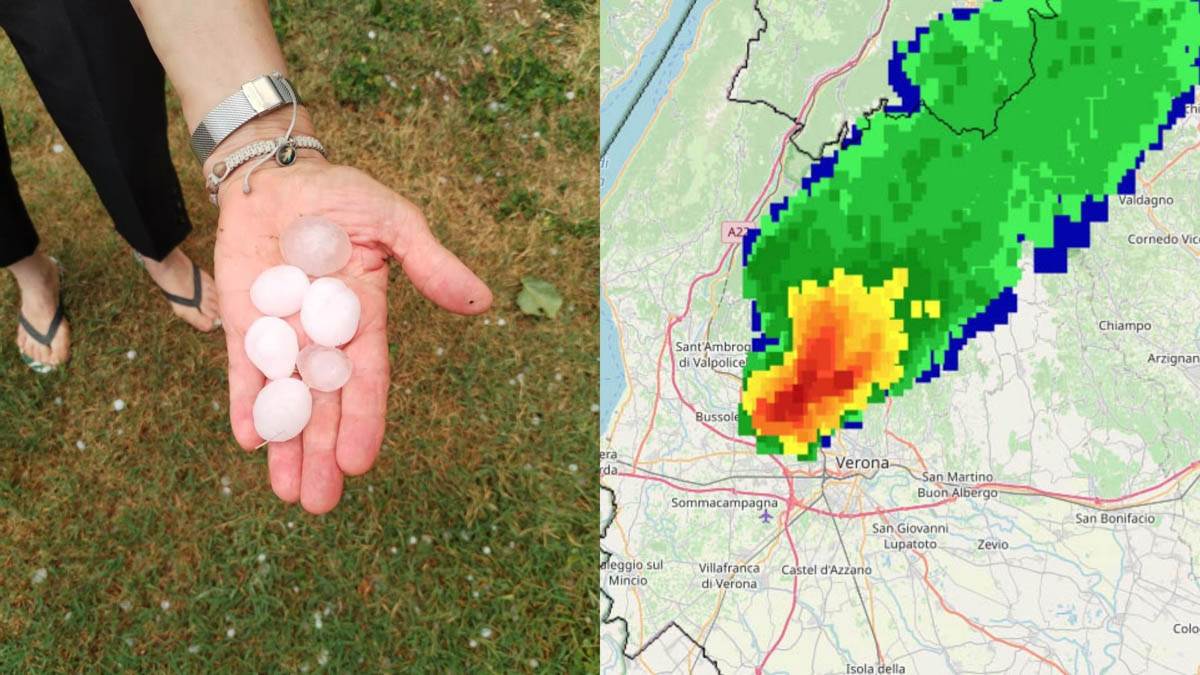 A sinistra una manciata di chicchi di grandine raccolti a Valgatara. Nella parte destra il radar di Arpav alle 19.50 registra il movimento del temporale.