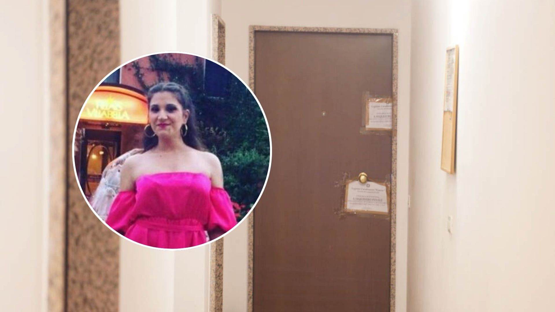 Nel tondo il Cristina Pugliese. Sullo sfondo la porta dell'appartamento dove è stato trovato il corpo