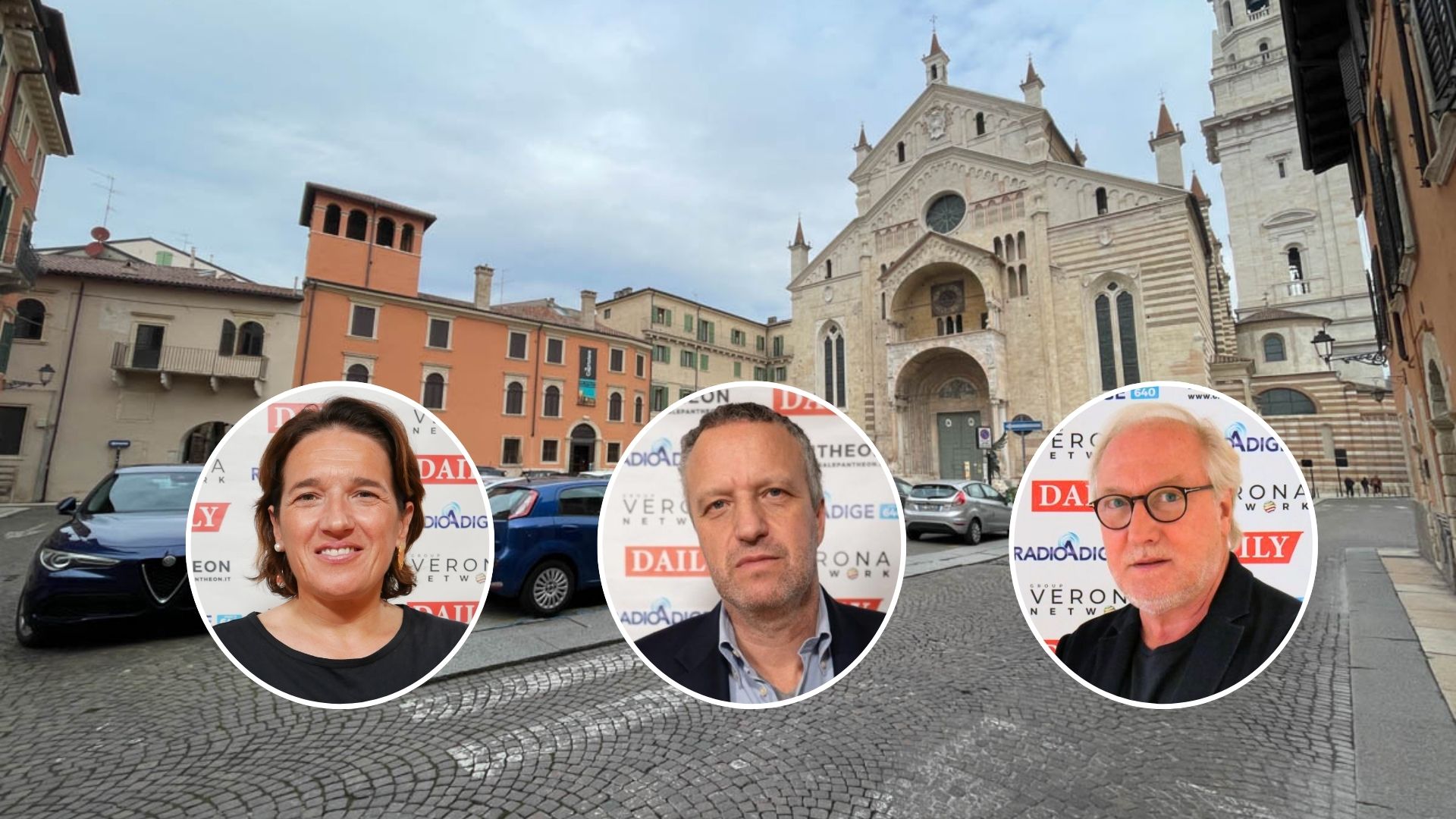 Sullo sfondo piazza Duomo in centro a Verona. Nei tondini Alessia Rotta, Flavio Tosi e Tiziano Meglioranzi