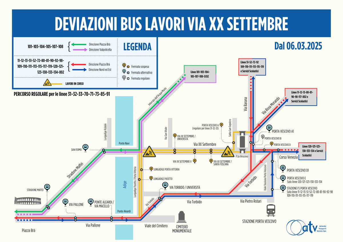Deviazioni autobus Atv - cantiere lavori Veronetta via XX Settembre