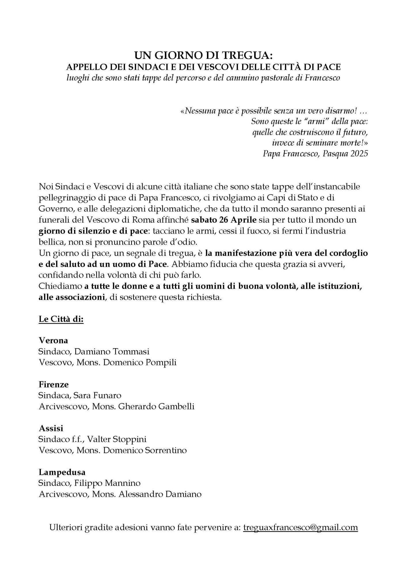 Appello alla pace per funerale Papa Francesco