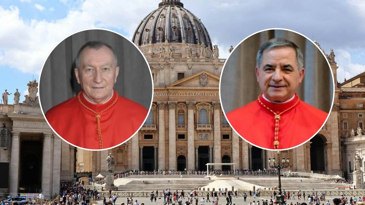 Nei tondi i cardinali Parolin e Becciu. Sullo sfondo la basilica di San Pietro