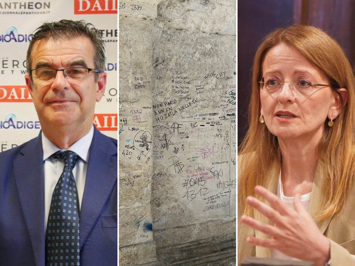 Al centro l'Arco dei Gavi imbrattato, ai lati il deputato Marco Padovani e la vicesindaca di Verona Barbara Bissoli