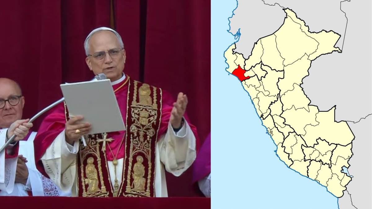 Papa Leone XIV e la cartina che indica la diocesi di Chiclayo in Perù