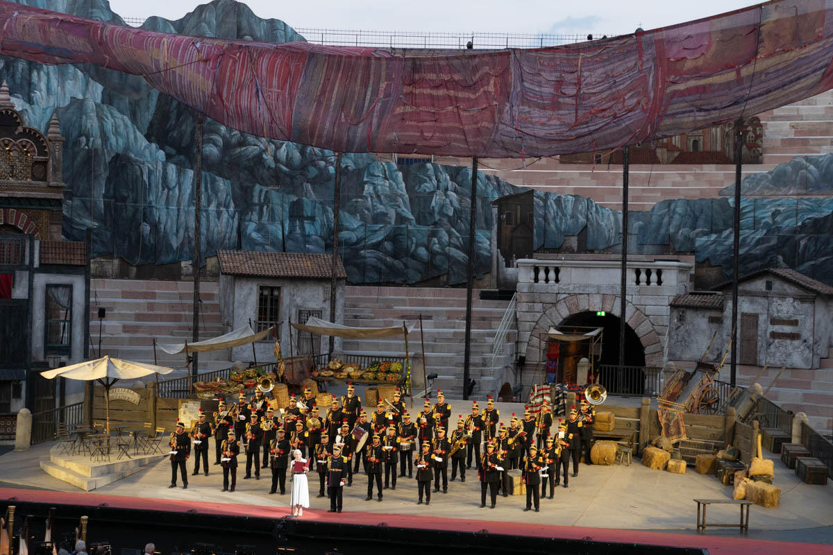 Banda del Corpo nazionale dei Vigili del fuoco in Arena prima di Carmen (18 luglio 2025) - Ennevi Foto