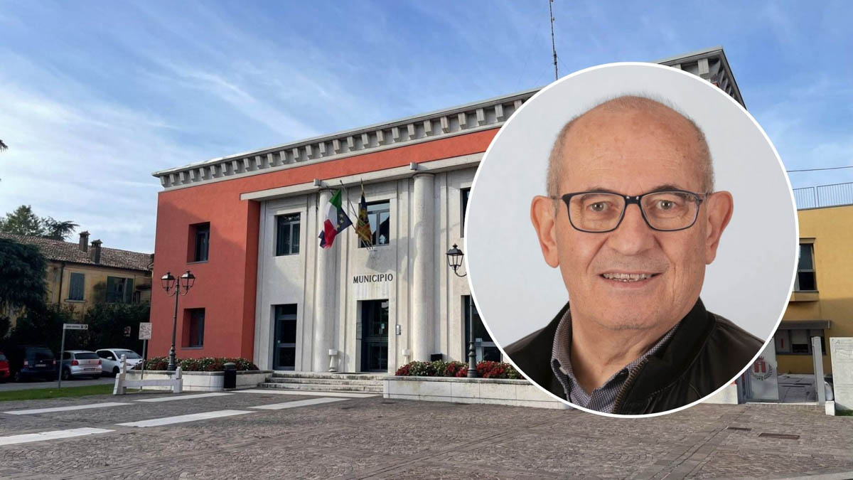 Nel tondo Paolo Zanini, sullo sfondo il municipio di Oppeano