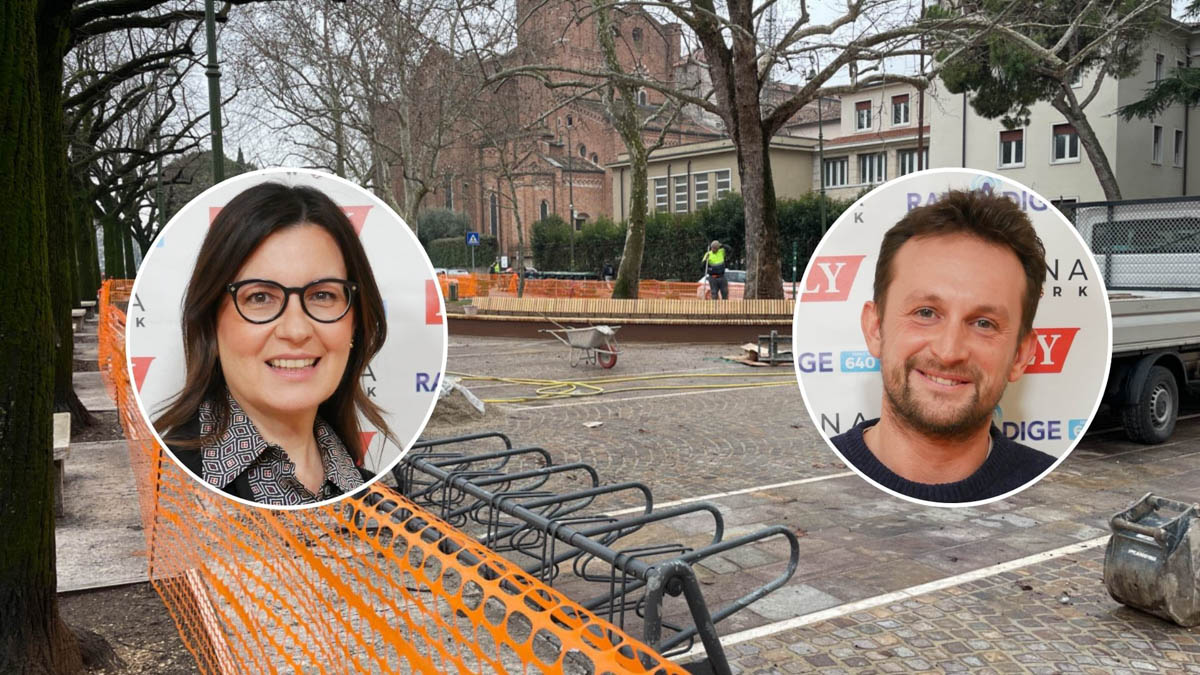 Sullo sfondo i lavori in piazzetta Brà Molinari a Verona. Nei tondi Patrizia Bisinella e Federico Benini