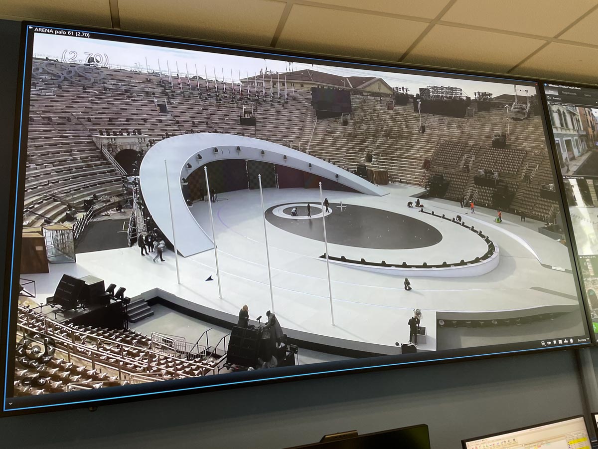 L'immagine dei preparativi in Arena per la cerimonia olimpica dagli schermi della sala operativa della Questura di Verona
